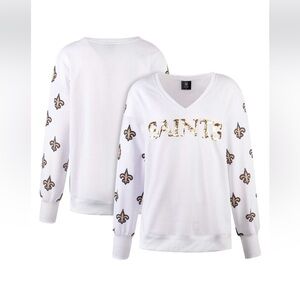 Women's Cuce White New Orleans Saints Sequin Fleece V-Neck T-Shirt Size M